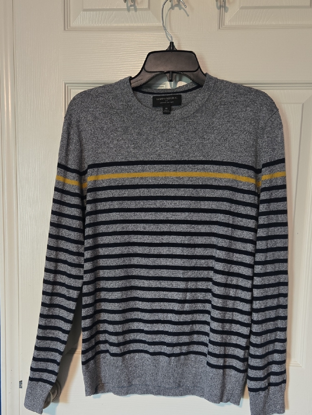 Banana Republic Men's Gray Crewneck Sweater with Navy Stripes and Yellow Accent